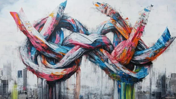Graffiti towers twisting into each other over city horizon.