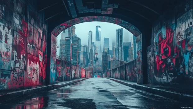 Graffiti tunnel opening into futuristic chrome cityscape.