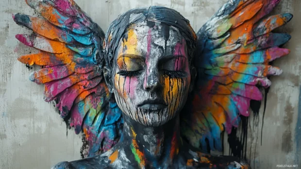 Graffiti wings behind statue head covered in night paint.