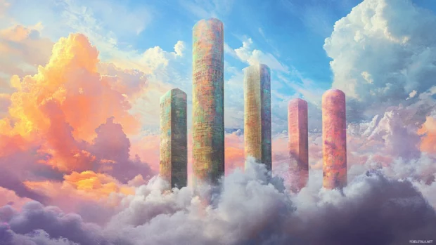 Graffiti wrapped towers stretching into pastel painted clouds.
