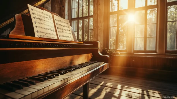 Grand piano close up with sheet music stand and sunlight through studio windows.