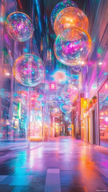 Gravity defying city with flowing light trails and bubble architecture, a trippy masterpiece.