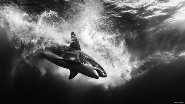 Great white shark captured mid turn in dramatic underwater scene.
