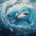 Great white shark darting through swirling schools of fish.