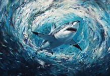 Great white shark darting through swirling schools of fish.