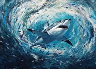 Great white shark darting through swirling schools of fish.