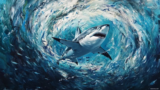 Great white shark darting through swirling schools of fish.