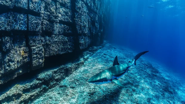 Great white shark diving near a submerged cliff wall.