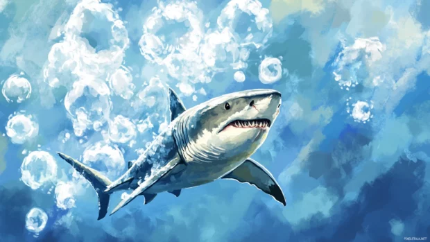 Great white shark following a trail of bubbles through open water.