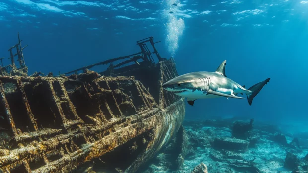 Great white shark gliding past sunken ship remains.