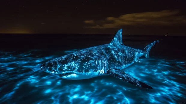 Great white shark illuminated by bioluminescent plankton.