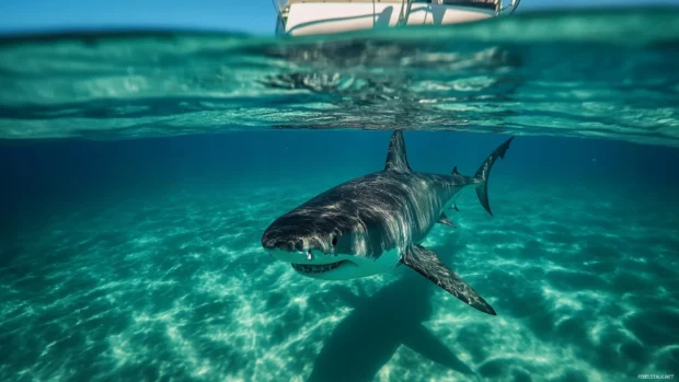 Great white shark lurking beneath the boat in clear tropical water.