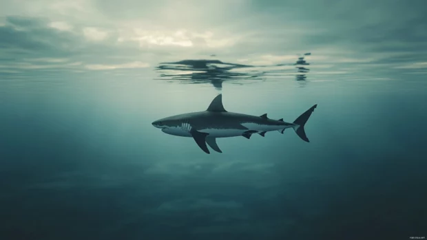 Great white shark mirrored in calm water from below.