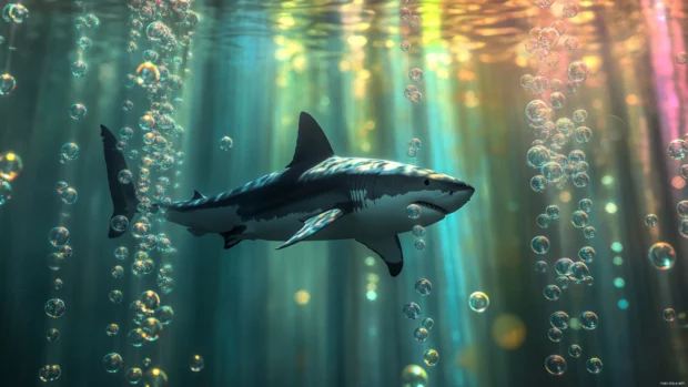 Great white shark prowling behind shimmering curtains of bubbles.