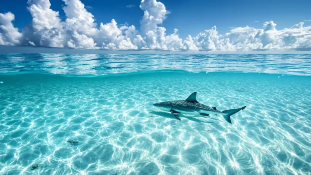 Great white shark rising vertically through crystal clear waters.