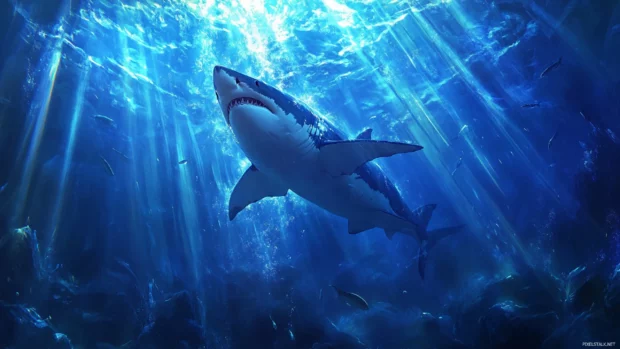 Great white shark wallpapers featuring shark surrounded by rays of light underwater.