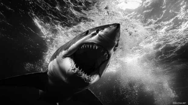 Great white shark wallpapers featuring underwater close up of jaws wide open.