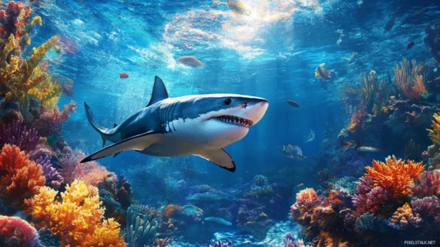 Great white shark wallpapers showing predator swimming near coral reef.
