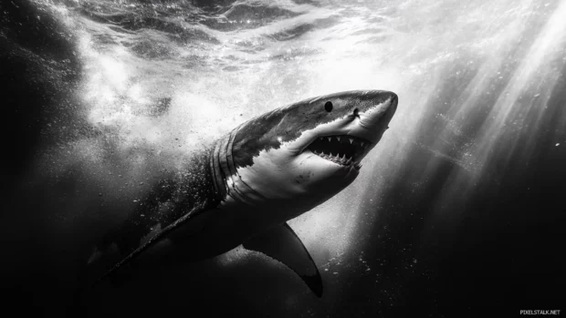 Great white shark wallpapers with cinematic lighting and deep sea shadows.
