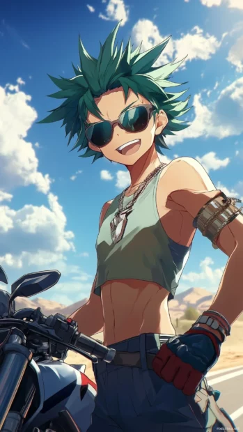 Green haired anime boy with sunglasses, tank top, next to roaring motorcycle on desert road.