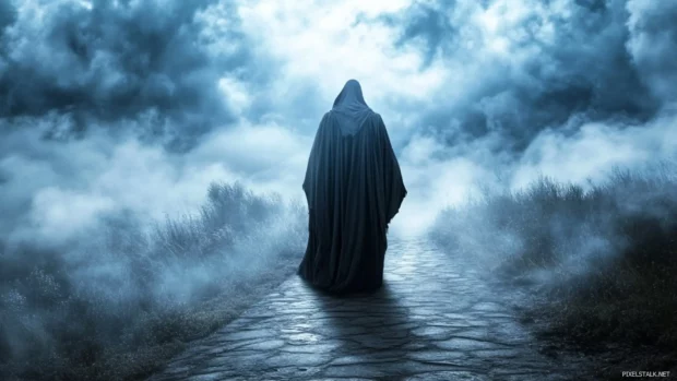 Grim reaper standing at end of path shrouded in mist.