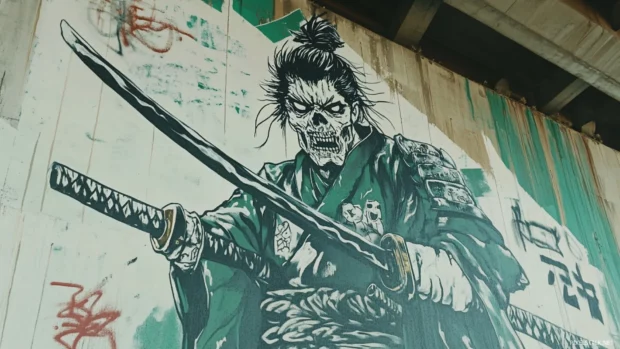 Grim samurai drawn in white and green under bridge graffiti.