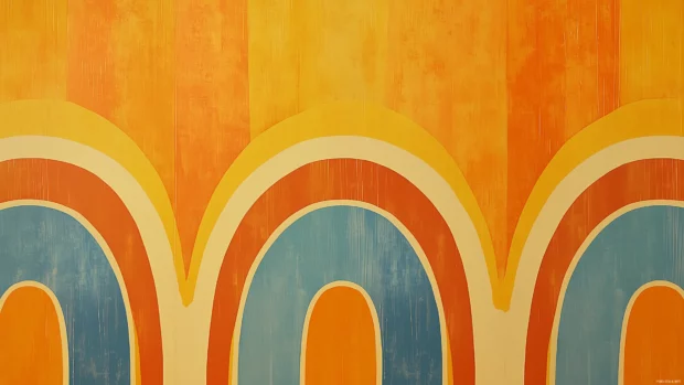 Groovy retro rainbow pattern, seamless arches, earthy colors, orange background, 70s style.