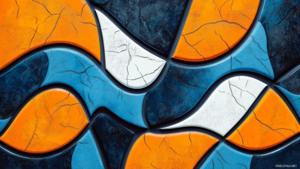 Groovy shapes creating abstract tile pattern in blue and orange.