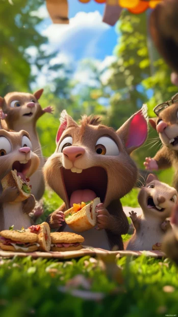 Group of animals having a picnic, with a squirrel stealing sandwiches while the others look on in shock and laughter.
