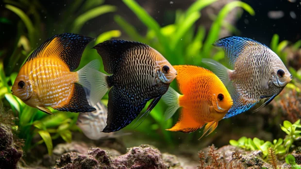 Group of colorful angelfish in various patterns swimming harmoniously in a serene underwater landscape filled with plants and coral.