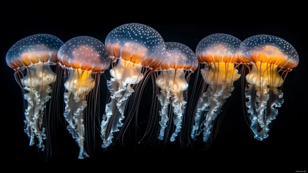 Group of colorful jellyfish with long, delicate tentacles, glowing faintly as they float together in a dark, mysterious underwater scene.
