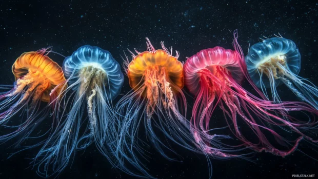 Group of colorful jellyfish with long, delicate tentacles, glowing faintly as they float together in a dark, mysterious underwater scene.