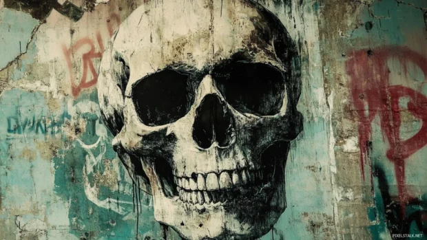 Grunge style skull desktop wallpapers HD with street art stencil overlays.