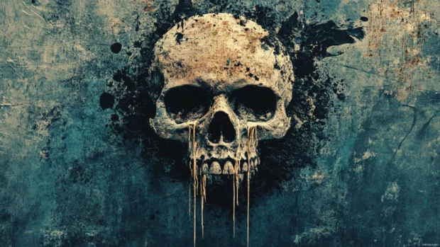 Grunge style skull wallpaper 4K with dripping paint and broken textures.