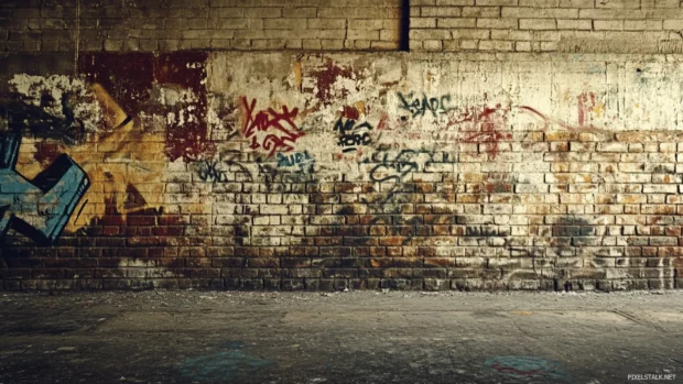 Grunge wall featuring retro stencil art in faded vintage graffiti wallpapers.