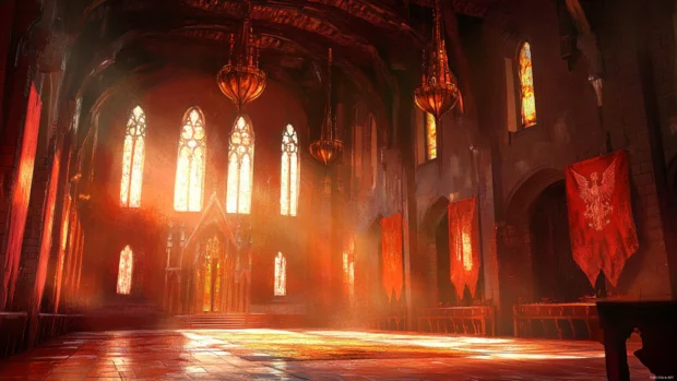 Gryffindor Common Room standing in a dramatic light with enchanted background.