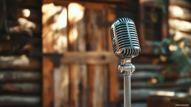 Guitar country music wallpaper HD, Vintage microphone placed in front of a rustic barn door.