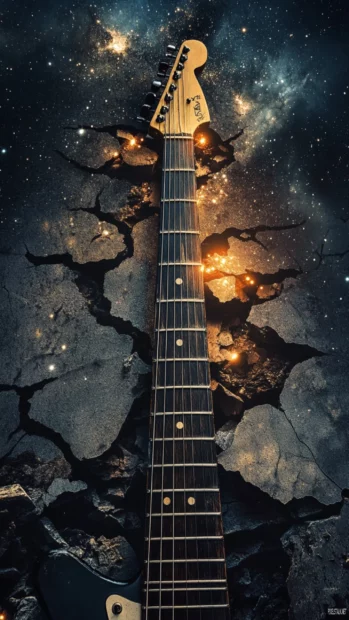 Guitar neck stretching across fragmented starlit wall.