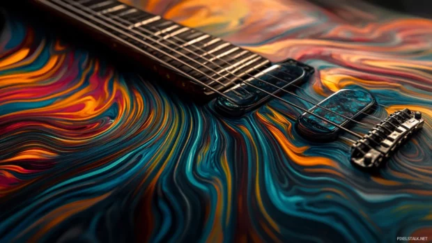 Guitar neck warped into looping spray art swirls.