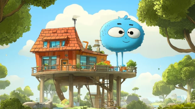 Gumball and Darwin in their quirky home, surrounded by funny characters and odd situations, Cartoon Network logo displayed.