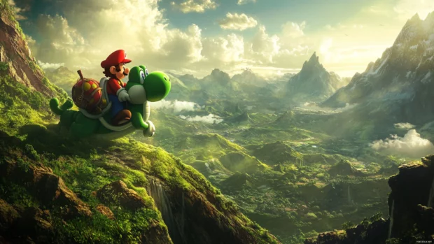 HD Super Mario wallpaper of Luigi and Mario riding Yoshi through lush green hills.