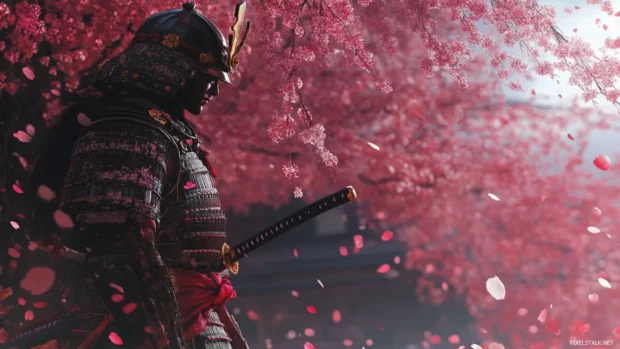 HD anime backgrounds for desktop, Samurai warrior under cherry blossoms.