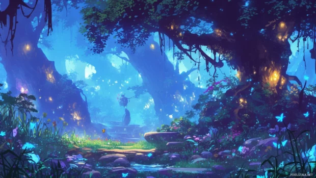 HD cartoon background for desktop computer with fairy tale forests and hidden secrets.
