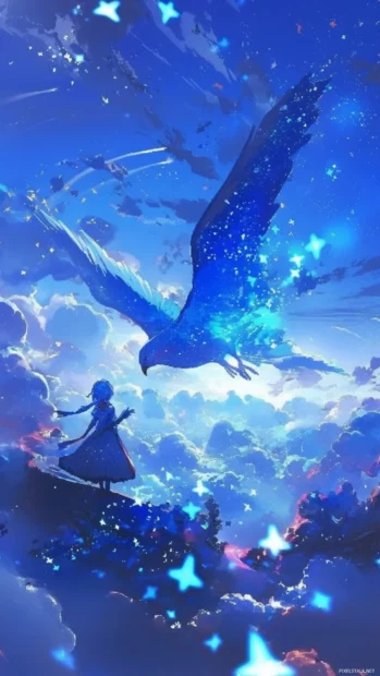 HD cartoon wallpaper showing famous characters flying through the sky with sparkles.