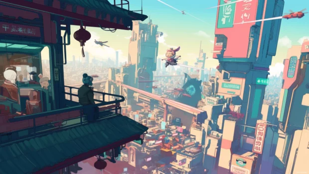 HD cartoon wallpapers featuring classic characters in a futuristic cityscape.