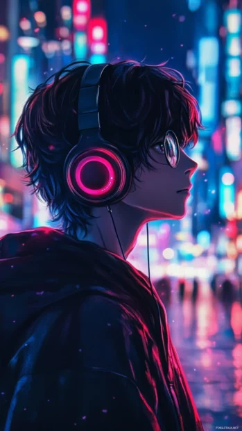 HD cool boy anime style character with headphones and city lights, best cool boy wallpaper for phone.