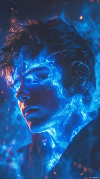 HD cool boy with blue flame effects, designed for phone screen wallpapers.