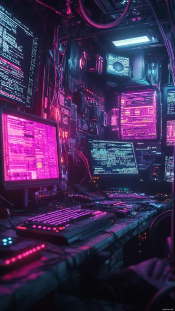 Hacker den filled with LED screens and neon wires, styled for Cyberpunk iPhone Wallpapers 4K.