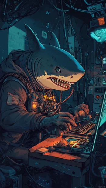 Hacker shark in dark hoodie working on coral tech rig.