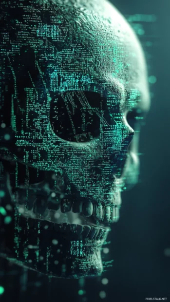 Hacker themed cool skull wallpaper with code fragments and shadows.